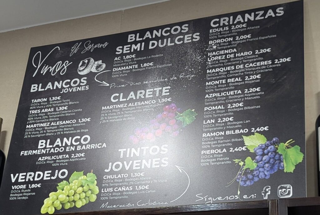 Bar Soriano（バル・ソリアーノ）の店内にあるグラスワインメニュー（リオハワインの価格表）