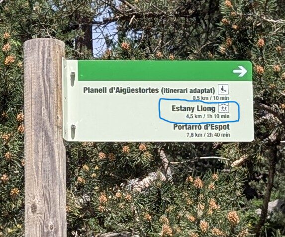 Estany Llongジョング湖およびその他目的地を示す看板はわかりやすく設置されています。
