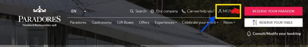 パラドール公式サイトでログイン完了後に画面右上に会員名が表示されている状態