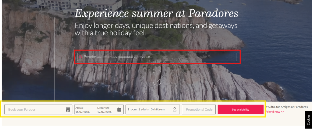 Parador de Vielhaなど特定のパラドールの特徴や写真、設備情報を調べる検索画面