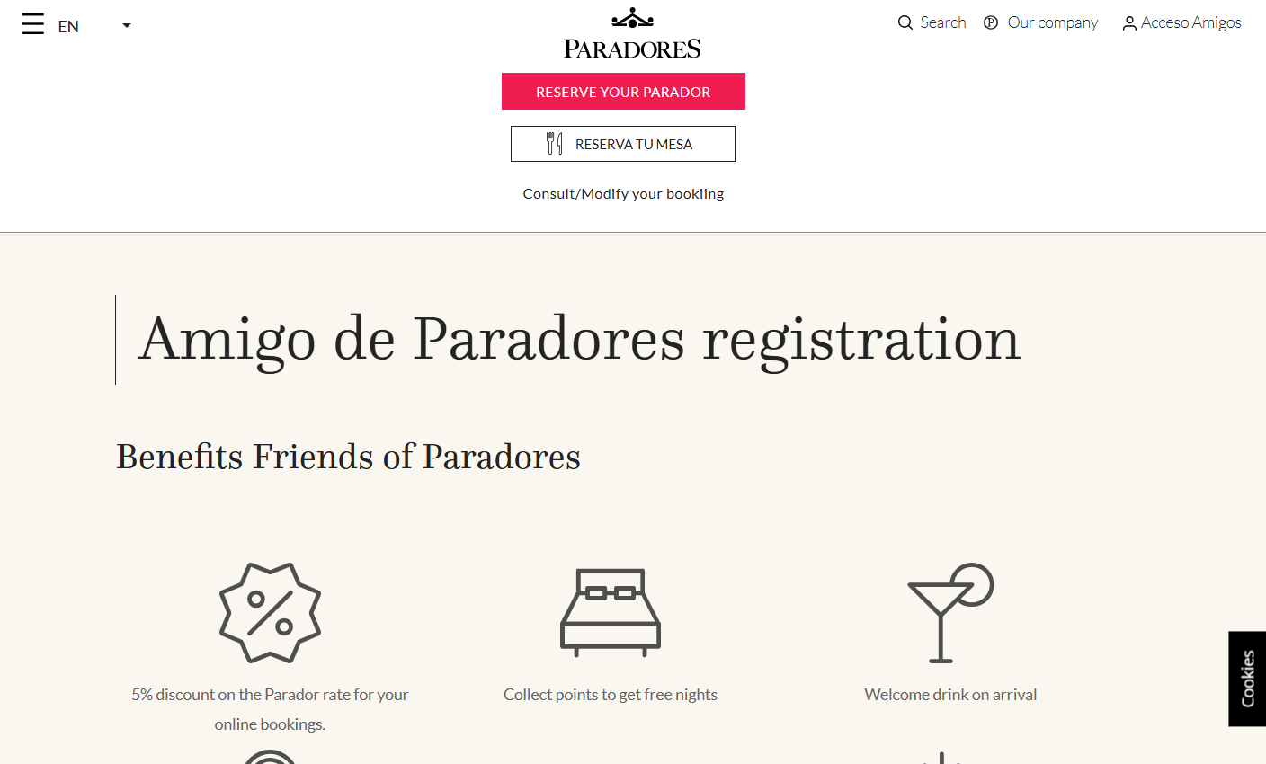 パラドール公式無料会員「Amigos de Paradores」の登録フォームと入力画面