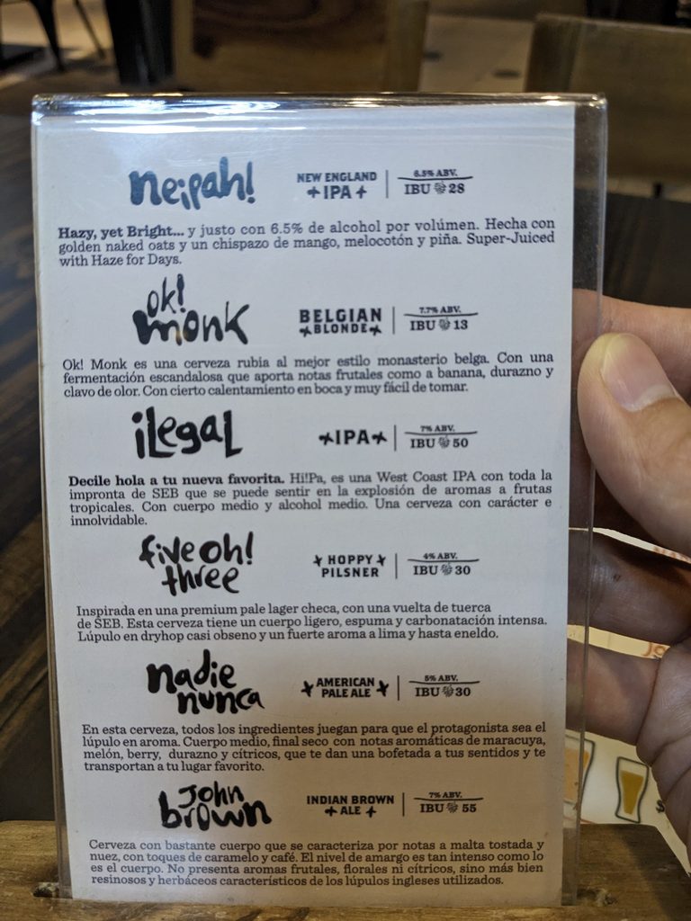 エルサルバドル・サンサルバドルのSEB Brewing Co.のクラフトビールメニュー