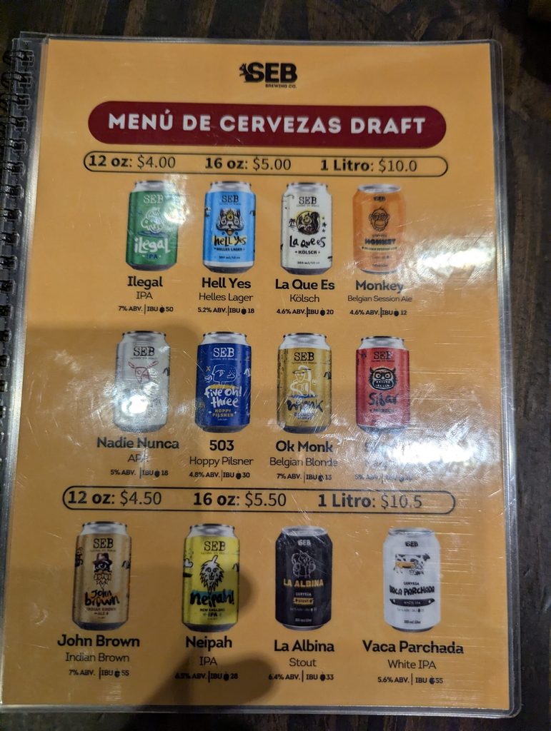 エルサルバドル・サンサルバドルのSEB Brewing Co.のクラフトビールメニュー