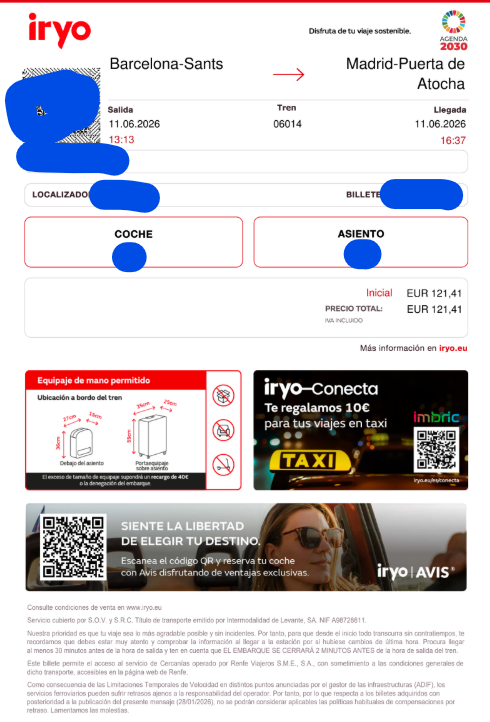 Iryoのバルセロナからマドリードまでの手荷物のみチケット